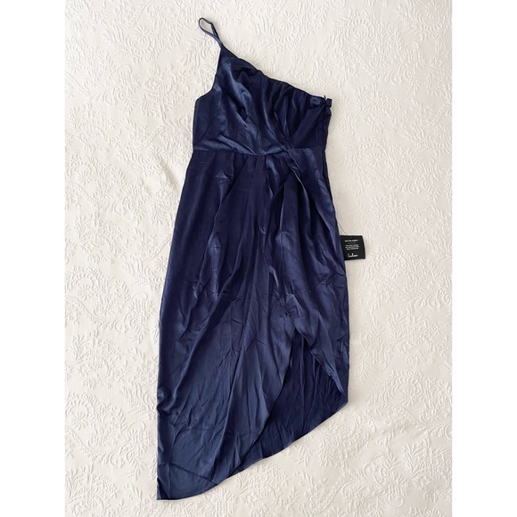 NWT Lulus Law of Attraction Navy Blue One-Shoulder Asymmetrical Midi Dress Large - Picture 2 of 8